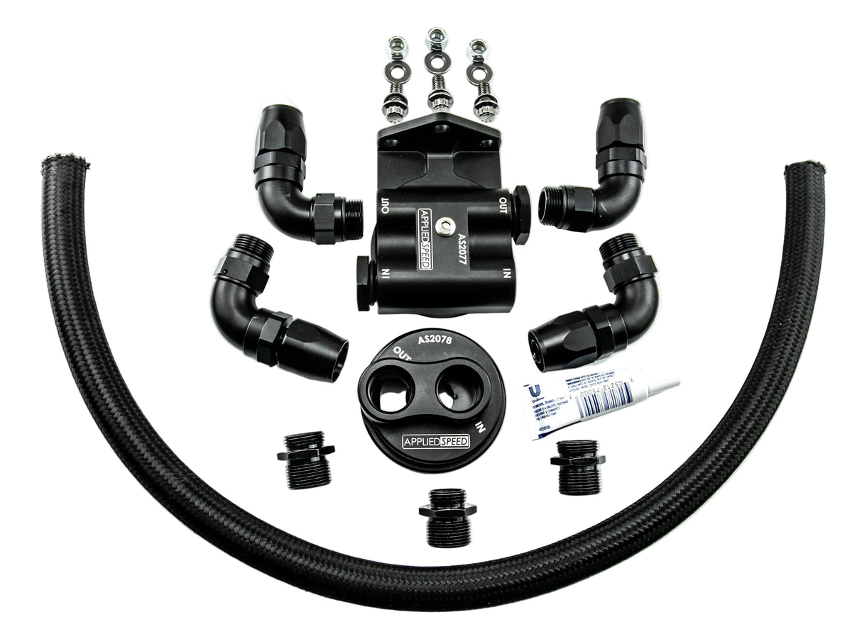 APPLIEDSPEED FullFlow oil filter relocation kit with billet adapters, -10 AN fittings and braided hose